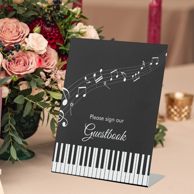 Signe De Table Touches de Piano Notes de Musique Mariage Noir & B (Angled view black white musical notes with romantic piano keys melody wedding guestbook sign)