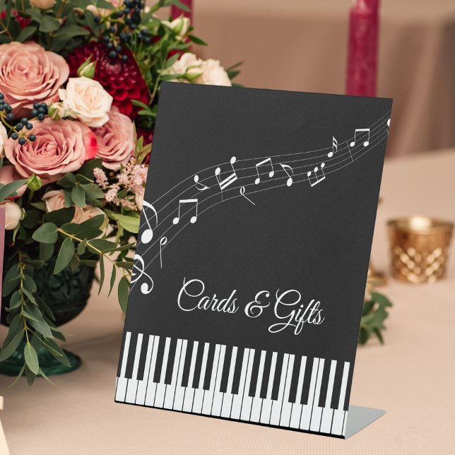 Signe De Table Touches de Piano Notes de Musique Mariage Noir & B (Angled view piano keys wedding classic melody ceremony music themed Cards & Gifts sign)