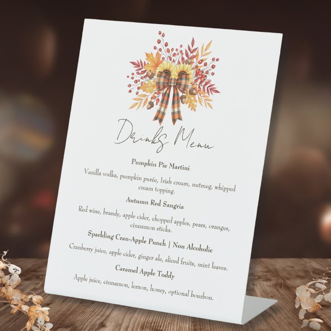Signe De Table Tournesol Rustique & Plaid Thanksgiving Boissons M (Rustic Plaid Bow Thanksgiving Drinks Menu)