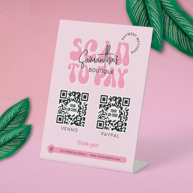 Signe De Table Trendy 2 QR Codes numérisation pour payer Retro Pi (Girly scannable payment sign for business with trendy retro style fonts)