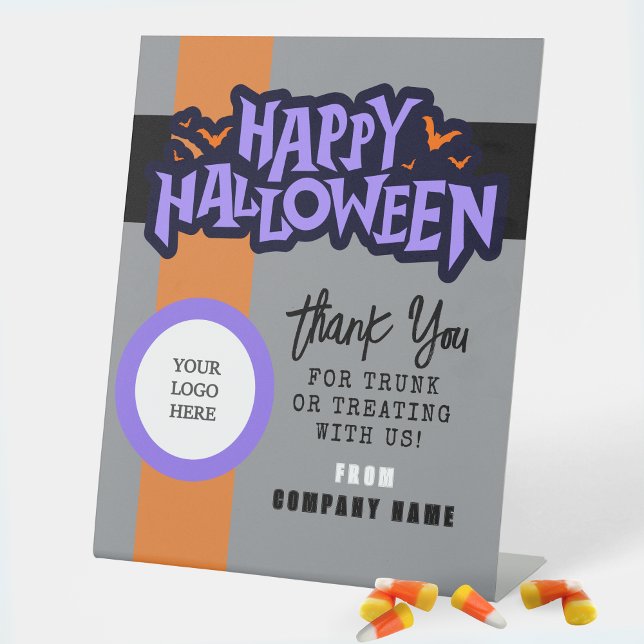 Signe De Table Tronc ou traiter gris Halloween Merci d'affaires (Halloween Trunk or Treat Standing Business QR Code Display Sign in Grey, Orange, Purple and Black)