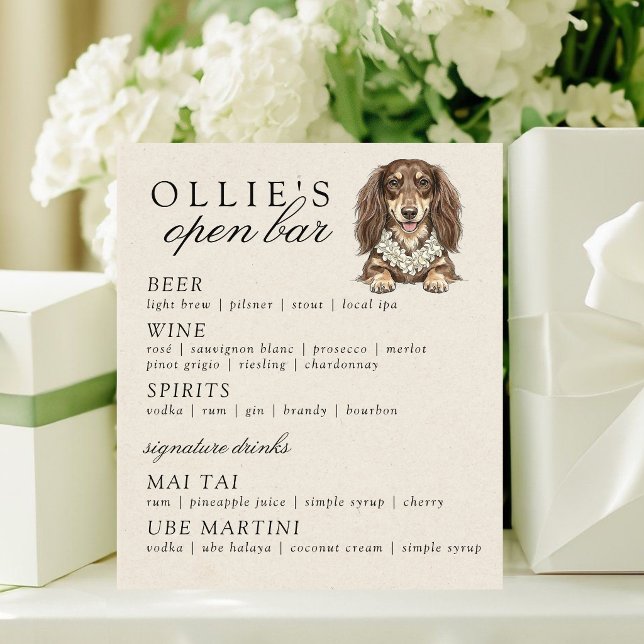 Signe De Table Tropical Dachshund Wedding Open Bar Menu (Tropical Dachshund Wedding Open Bar Menu Pedestal Sign)