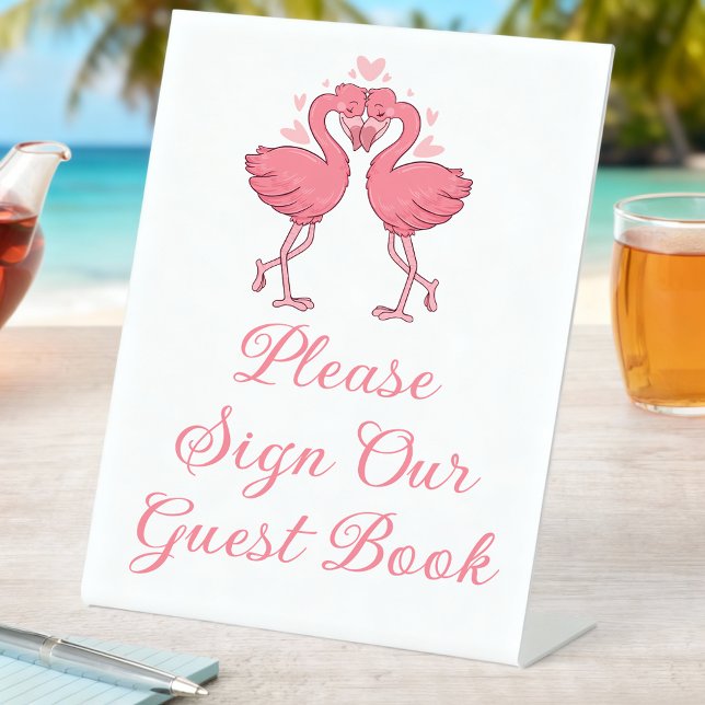 Signe De Table Tropical Pink Flamingo Beach Wedding Guest Book (Créateur téléchargé)