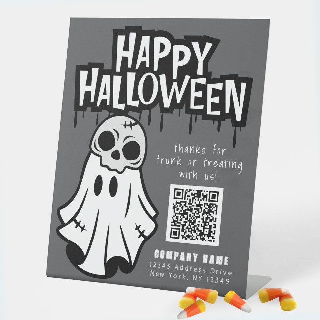 Signe De Table Trunk or Treat Cool Ghost Business Merci (Cool Ghost Trunk or Treat Standing Business QR Code Display Sign in Grey, Black & White)