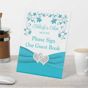 Signe De Table Turquoise, Blanc, Silver Love Hearts Mariage