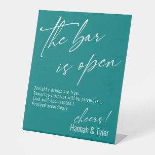Signe De Table Typographie contemporaine sarcelle Le bar est ouve