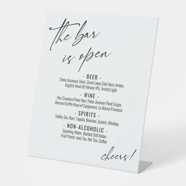 Signe De Table Typographie manuscrite contemporaine Menu Open Bar (Recto)