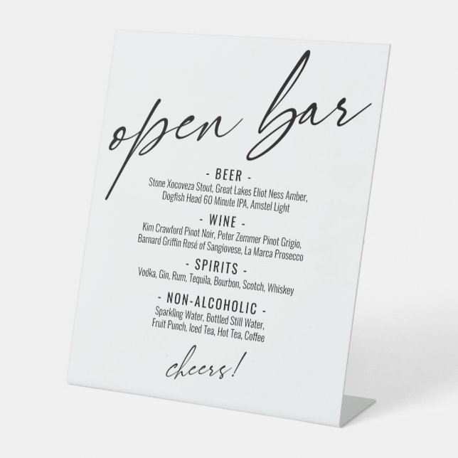 Signe De Table Typographie manuscrite contemporaine Menu Open Bar (Recto)