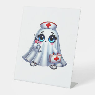Signe De Table Un mignon fantôme d'Halloween en uniforme d'infirm