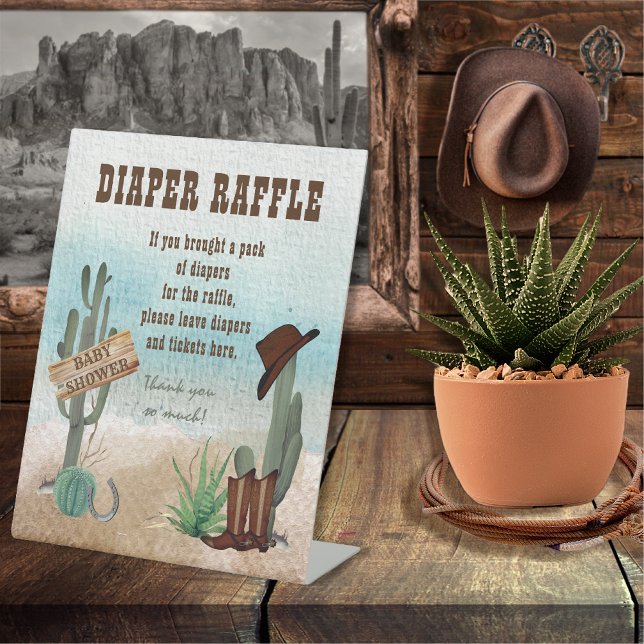 Signe De Table Un Petit Cow-boy Raffle de couche de douche occide (Rustic Western Boy Baby Shower Diaper Raffle Pedestal Sign -- "A Little Cowboy Is On His Way" )