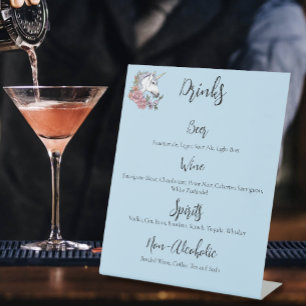 Signe De Table Unicorne blanche roseFleurs bleu Mariage Boissons