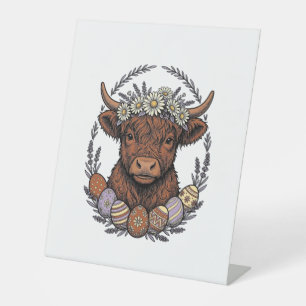 Signe De Table Vache des Highlands Pâques Art de l'oeuf floral vi