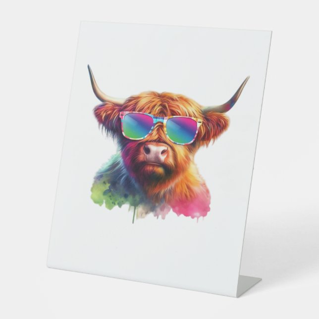 Signe De Table Vache écossaise Highland en lunettes de soleil Eau (Recto)
