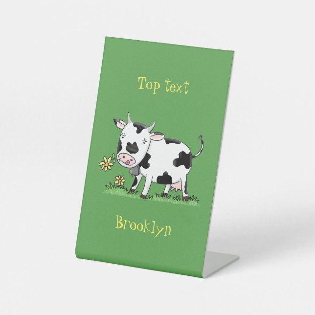 Signe De Table Vache mignonne en vert dessin animé sur le terrain (Recto)