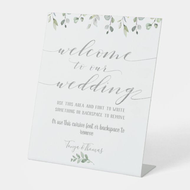 Signe De Table Verdure & Argent Fancy Font Calligraphie Bienvenue (Recto)