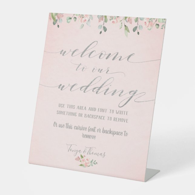 Signe De Table Verdure Blush & Silver Fancy Calligraphy Bienvenue (Recto)
