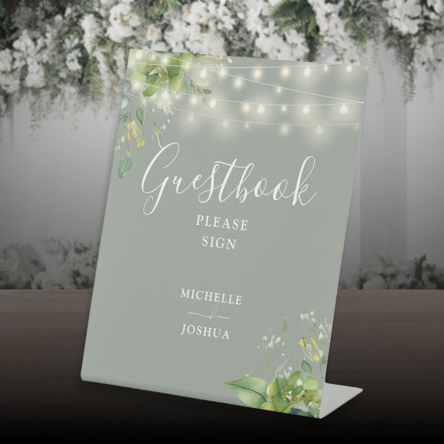 Signe De Table Verdure String Lights Sage Green Guestbook (Greenery String Lights Sage Green Guestbook Pedestal Sign)