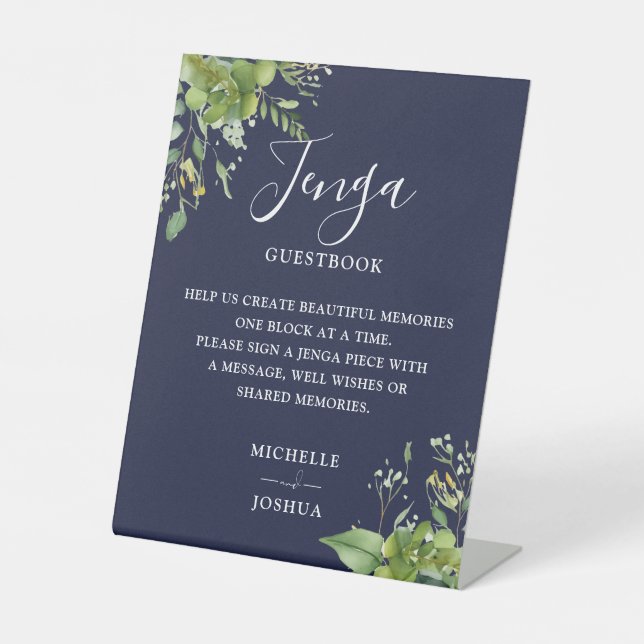 Signe De Table Vert Floral Navy Bleu Jenga Mariage Livre d'or (Recto)