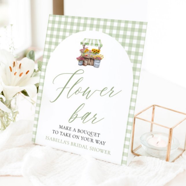 Signe De Table Vert Sauge Gingham Fraîchement Arrivee Fleur Bar (Sage Green Gingham Fresh Off The Market Flower Bar Sign)