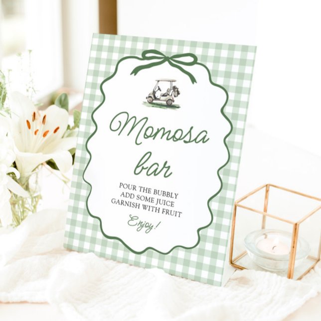 Signe De Table Vert sauge Gingham Golf Maman Bar Baby Shower (Sage Green Gingham Golf Momosa Bar Baby Shower SIgn)