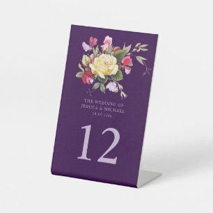 Signe De Table Vintage Floral Élégant violet rose jaune Mariage