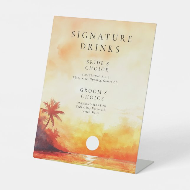 Signe De Table Watercolor Beach Sunset Signature Boissons Mariage (Recto)