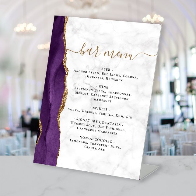 Signe De Table Wedding Bar Menu Purple Gold Agate Marble (Créateur téléchargé)