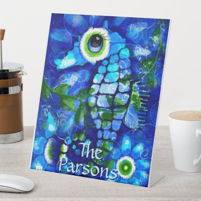 Signe De Table Whimsical Big Eyes Seahorse Art Blue Personnalisé (In SItu)
