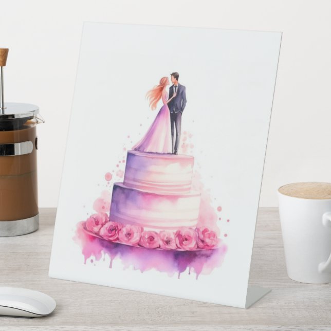 Signe De Table Whimsical Wedding Cake Couple Sign - Romantic Wate (In SItu)