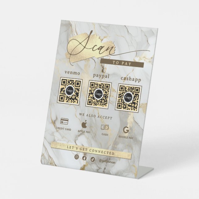 Signe De Table White Marble Gold Agate 3 Qr Code Scan To Pay (Recto)