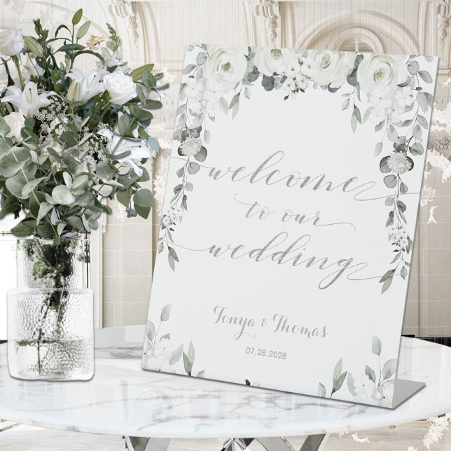 Signe De Table White Peony Silver Eucalyptus Bienvenue Mariage (Créateur téléchargé)