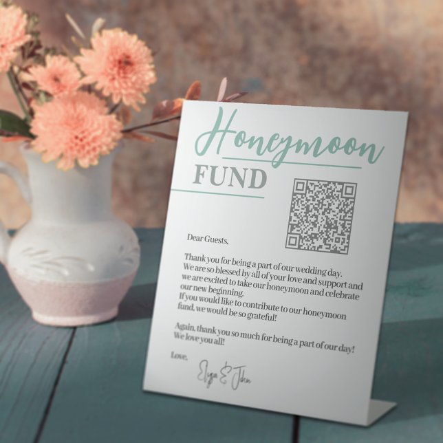Signe De Table White & Sage Green Elegant QR Code Honeymoon Fund (Créateur téléchargé)