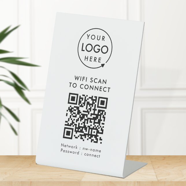 Signe De Table Wi-Fi de code QR | Analyse du logo de l'entreprise (Company branded WiFi tabletop signs with QR code, connecting users seamlessly to your Wi-Fi.)