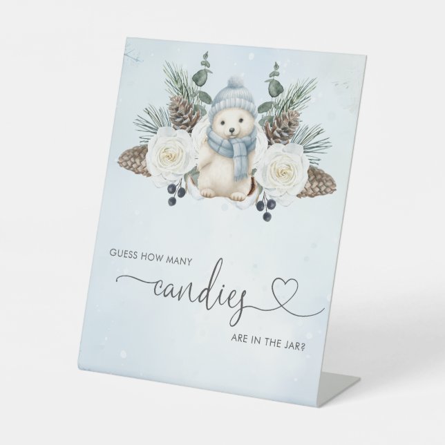 Signe De Table Winter Bear Boy Baby shower Devinez Combien De Jeu (Recto)
