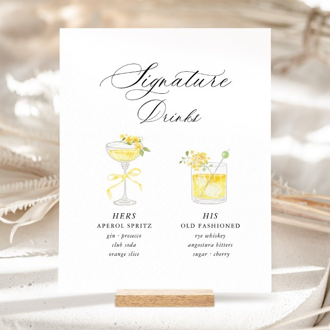 Signe De Table Yellow Signature Drinks Wedding (Yellow Floral Signature Drinks Wedding Sign, His & Hers Cocktail Menu, Romantic Garden Wedding Bar)