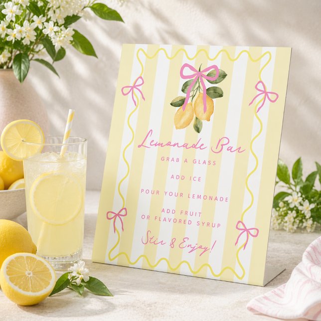 Signe De Table Yellow Stripe Pink Bow Lemonade Bar  (Yellow Stripe Pink Bow Lemonade Bar Pedestal Sign)