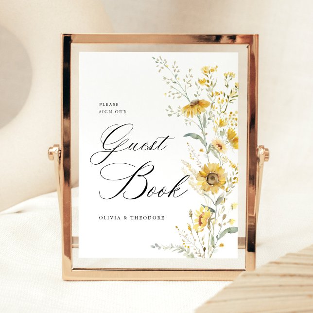 Signe De Table Yellow Wildflower Sunflower Guest Book Wedding (Yellow wildflower sunflower wedding guest book sign yellow floral wedding signage elegant table sign)