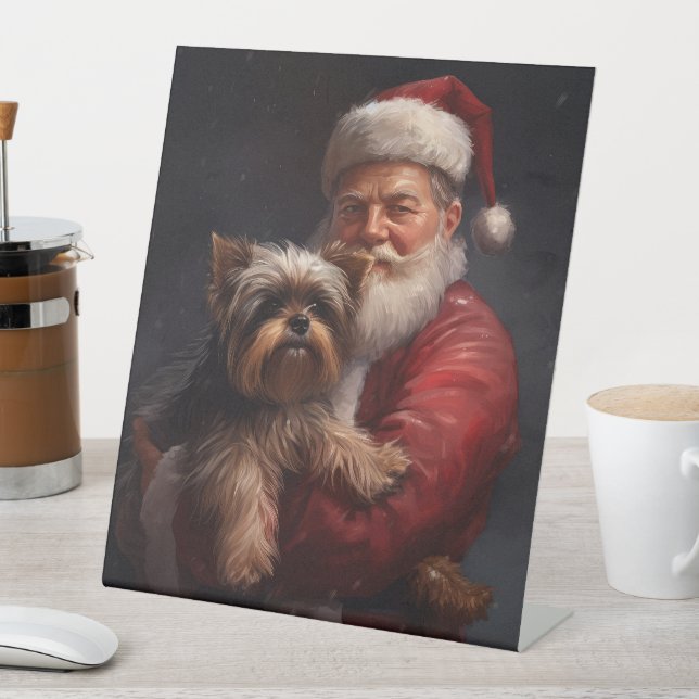 Signe De Table Yorkshire Terrier Père Noël Noël Fête (In SItu)