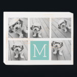 Signe En Bois 5 Photo Collage Monogramme - Blanc et Turquoise<br><div class="desc">Vous pouvez utiliser des photos carrés ou selfies pour cette conception. Utilisez cinq photos carrés pour créer un cadeau unique et personnel. Ou vous pouvez garder le chiot hipster et faire un gardien branché. Si vous avez besoin d'ajuster les images,  cliquez sur l'outil personnaliser pour apporter des modifications.</div>