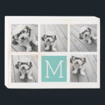 Signe En Bois 5 Photo Collage Monogramme - Blanc et Turquoise<br><div class="desc">Vous pouvez utiliser des photos carrés ou selfies pour cette conception. Utilisez cinq photos carrés pour créer un cadeau unique et personnel. Ou vous pouvez garder le chiot hipster et faire un gardien branché. Si vous avez besoin d'ajuster les images,  cliquez sur l'outil personnaliser pour apporter des modifications.</div>