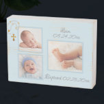 Signe En Bois Baptême Christening Photo Collage Blue Boy<br><div class="desc">Sweet Baptism,  Christening Keepsaké en bleu avec collage photo.</div>