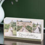 Signe En Bois Best is Not Come Love Citer Photos Mariages<br><div class="desc">Bloc photo mariage avec citation d'amour et coeurs d'amour interconnectés. Le modèle photo est configuré pour ajouter 3 images mariages qui seront affichées dans des formats verticaux et horizontaux. La citation dit : "vieux avec moi, le gilet n'est pas encore venu" en calligraphie tourbillonnant et typographie élégante. La bordure vert...</div>