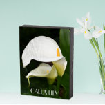 Signe En Bois Deux Lys Calla Blanche Floral<br><div class="desc">Panneau de boîte en bois peint en noir conçu pour être accroché ou debout qui présente une photo de deux splendides Lys Calla blancs avec leur feuillage vert. Le texte est imprimé en lettres blanches. Une belle décoration pour la maison !</div>