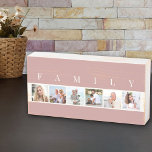 Signe En Bois FAMILLE 6 Photo Collage Carré Bande d'image rose<br><div class="desc">Boîtier en bois défoncé personnalisé avec vos photos de famille. Le modèle photo est configuré pour vous pour ajouter 6 de vos photos préférées, qui sont affichées en format carré dans un style simple, style bande, collage photo. Au-dessus de vos photos, le mot "FAMILLE" est écrit dans la typographie moderne....</div>