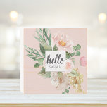 Signe En Bois Modern Watercolor Pink Flowers & Hello & Nom<br><div class="desc">Modern Watercolor Pink Flowers & Hello & Nom</div>