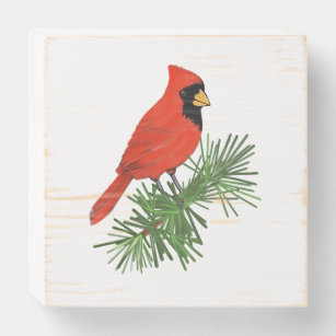 Signe En Bois Oiseau cardinal rouge sur pin