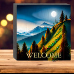 Signe En Bois Paysage de montagne artistique<br><div class="desc">Ce panneau en bois avec une représentation artistique d'un paysage de montagne au clair de lune est un accent unique pour tout lodge,  cabine ou maison de montagne.</div>