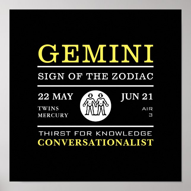 Signe Gemini du Zodiac, Poster Astrologique (Devant)