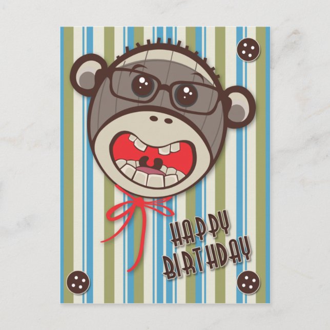 Silencieux Lunettes Sock Monkey Happy B Day Carte  (Devant)
