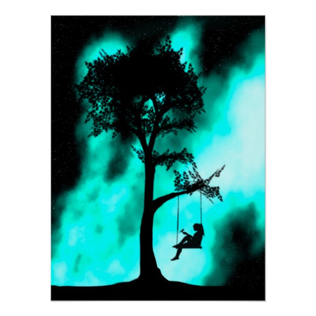 Silhouette Arbre Swing Girl Galaxy Poster brillant (Devant)